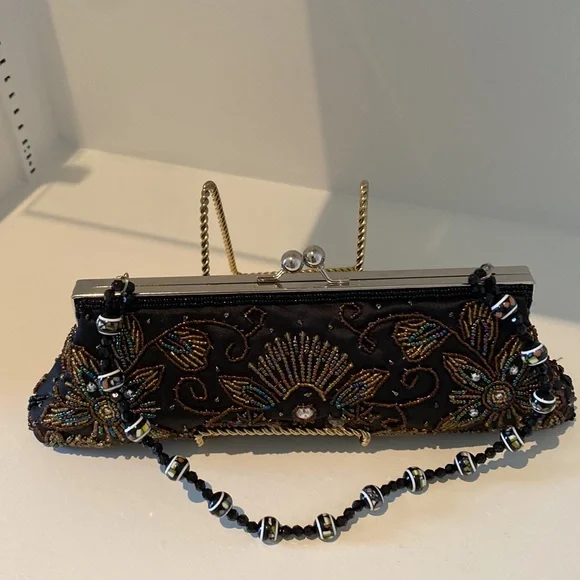 Artistically beaded & sequin clutch purse black evening bag - Picture 2 of 5